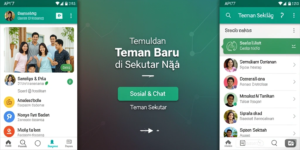 Antarmuka utama API77 menunjukkan fungsi pencarian teman di sekitar.
